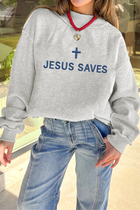 Jesus Saves Embroidered Exposed Seam Mock Neck Baggy Sweatshirt
