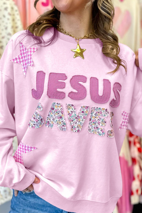Jesus Saves Gingham Star Patchwork Applique Seam Pullover Sweatshirt
