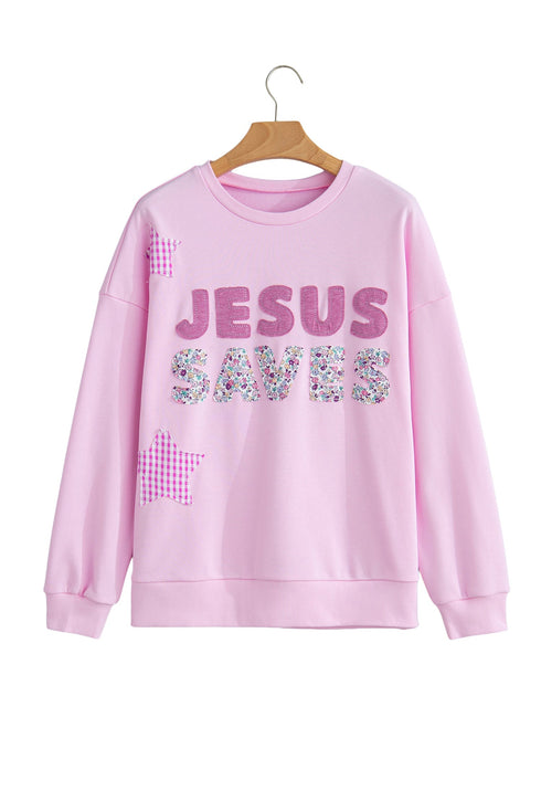 Jesus Saves Gingham Star Patchwork Applique Seam Pullover Sweatshirt