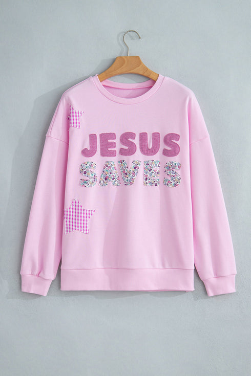 Jesus Saves Gingham Star Patchwork Applique Seam Pullover Sweatshirt