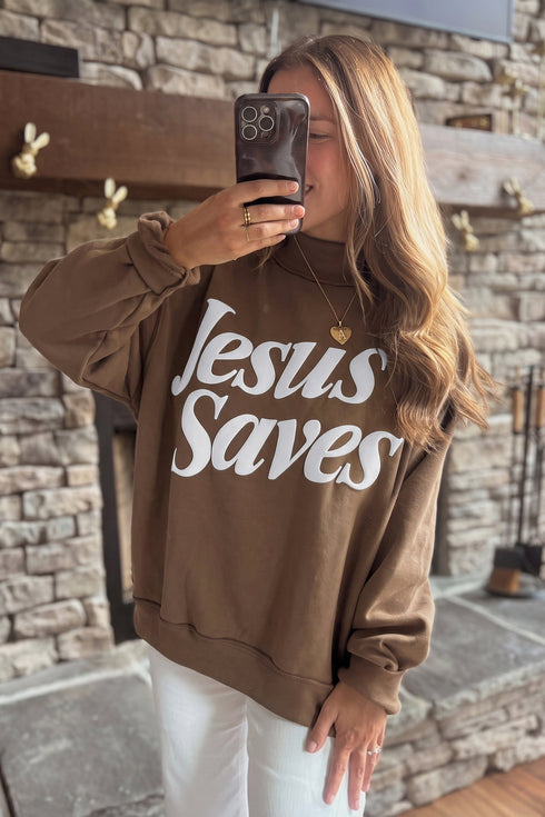 Jesus Saves Slogan Print Stand Neck Baggy Sweatshirt