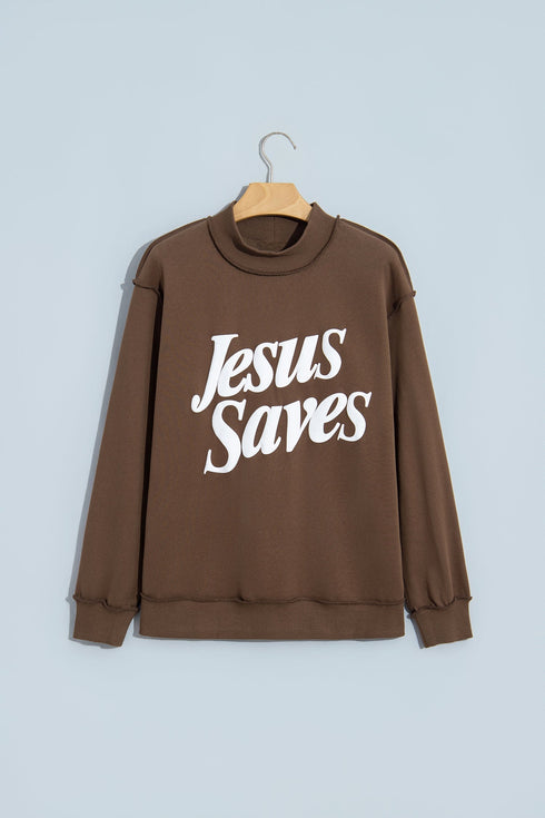 Jesus Saves Slogan Print Stand Neck Baggy Sweatshirt