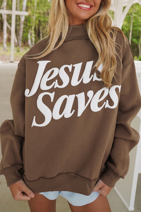 Jesus Saves Slogan Print Stand Neck Baggy Sweatshirt