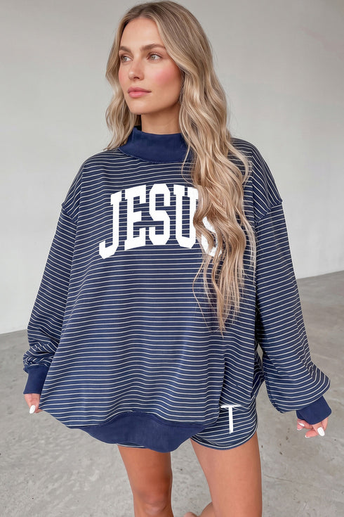 JESUS Striped Mock Neck Oversized Pullover Short Set