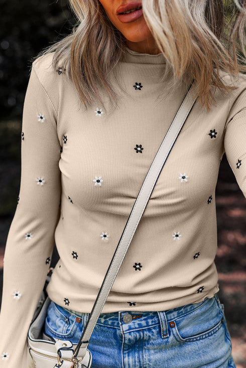 Jet Stream Floral Embroidered Detail Ribbed Long Sleeve Top