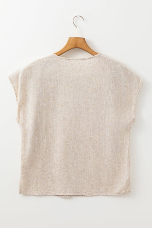 Jet Stream Geometric Embroidered Short Sleeve Tassel Tied V Neck Blouse