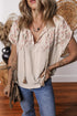 Jet Stream Geometric Embroidered Short Sleeve Tassel Tied V Neck Blouse