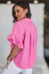 Johnny Collar Ruffled Sleeve Textured Gauze Loose Fit Popover Blouse