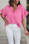 Johnny Collar Ruffled Sleeve Textured Gauze Loose Fit Popover Blouse