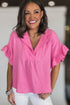 Johnny Collar Ruffled Sleeve Textured Gauze Loose Fit Popover Blouse