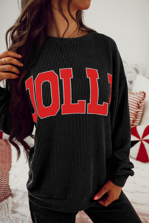 Jolly Corded Letter Print Long Sleeve Pockets Pants Set
