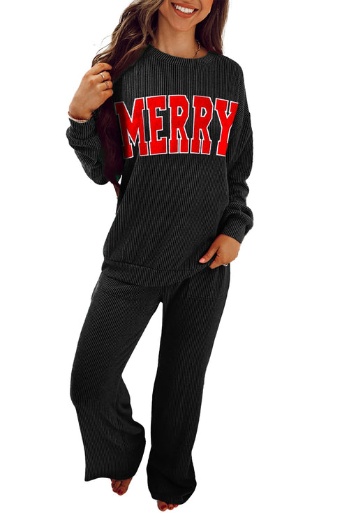 Jolly Corded Letter Print Long Sleeve Pockets Pants Set