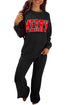 Jolly Corded Letter Print Long Sleeve Pockets Pants Set