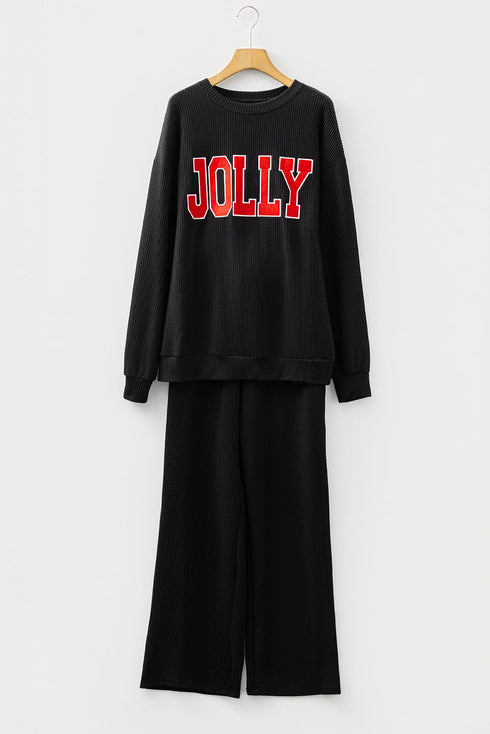 Jolly Corded Letter Print Long Sleeve Pockets Pants Set