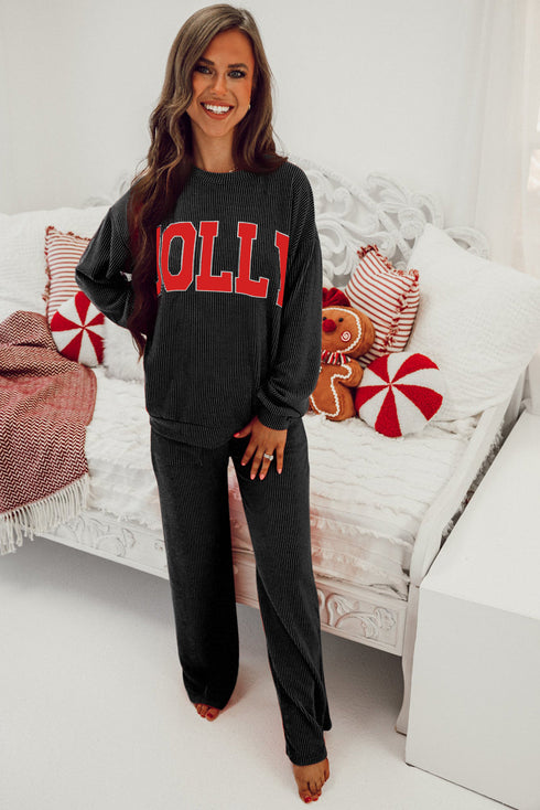 Jolly Corded Letter Print Long Sleeve Pockets Pants Set