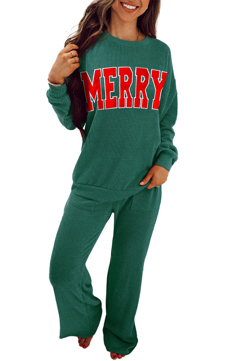 Jolly Corded Letter Print Long Sleeve Pockets Pants Set