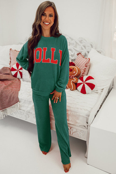 Jolly Corded Letter Print Long Sleeve Pockets Pants Set