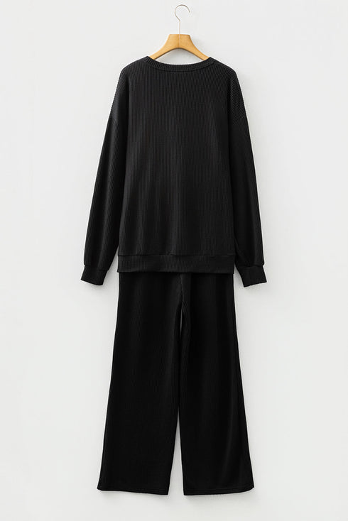 Jolly Corded Letter Print Long Sleeve Pockets Pants Set