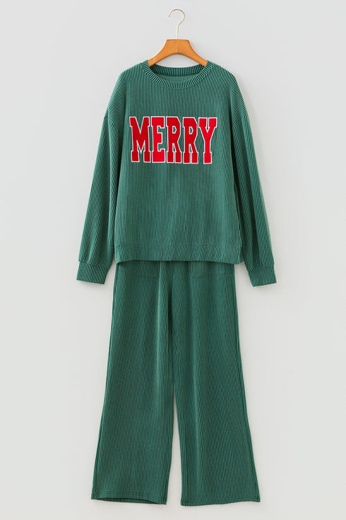 Jolly Corded Letter Print Long Sleeve Pockets Pants Set
