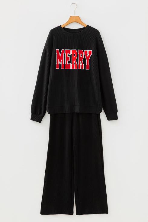 Jolly Corded Letter Print Long Sleeve Pockets Pants Set