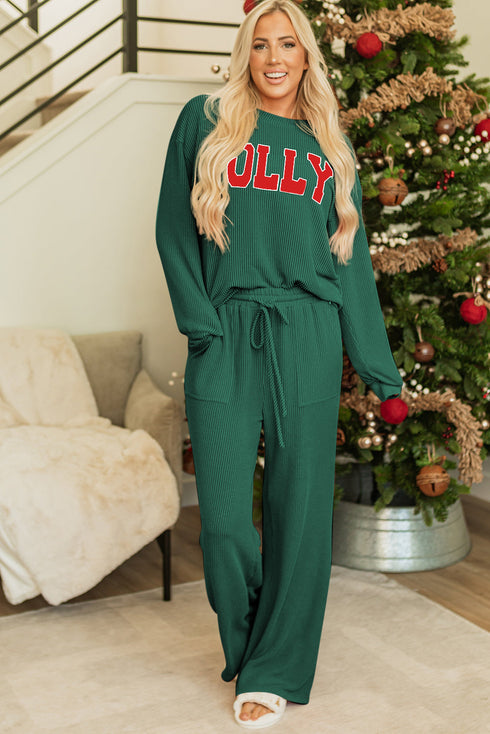 Jolly Corded Letter Print Long Sleeve Pockets Pants Set