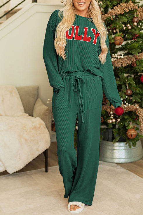 Jolly Corded Letter Print Long Sleeve Pockets Pants Set