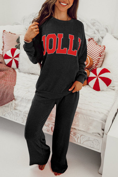 Jolly Corded Letter Print Long Sleeve Pockets Pants Set