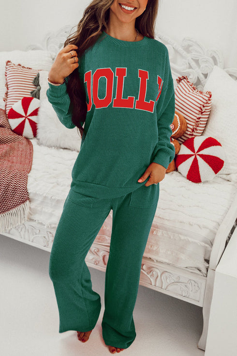 Jolly Corded Letter Print Long Sleeve Pockets Pants Set