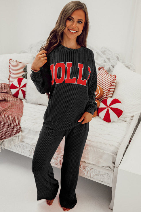 Jolly Corded Letter Print Long Sleeve Pockets Pants Set