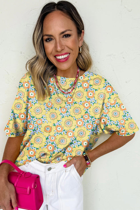 Joyful Blooms All Over Print Drop Shoulder Tee