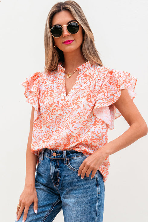Joyful Blossoms Floral Ruffle Sleeve Split Neck Flowy Blouse