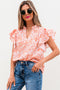 Joyful Blossoms Floral Ruffle Sleeve Split Neck Flowy Blouse