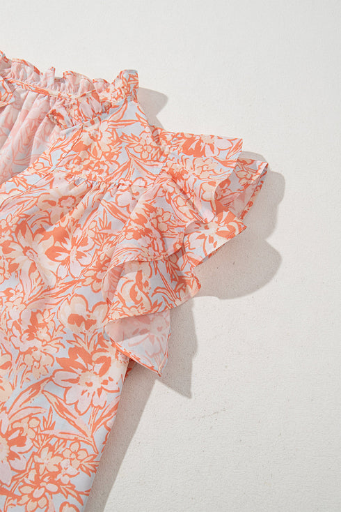Joyful Blossoms Floral Ruffle Sleeve Split Neck Flowy Blouse