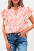 Joyful Blossoms Floral Ruffle Sleeve Split Neck Flowy Blouse