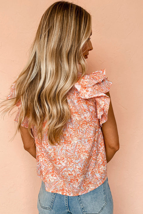 Joyful Blossoms Floral Ruffle Sleeve Split Neck Flowy Blouse