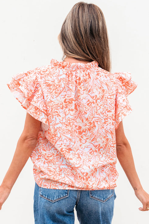 Joyful Blossoms Floral Ruffle Sleeve Split Neck Flowy Blouse