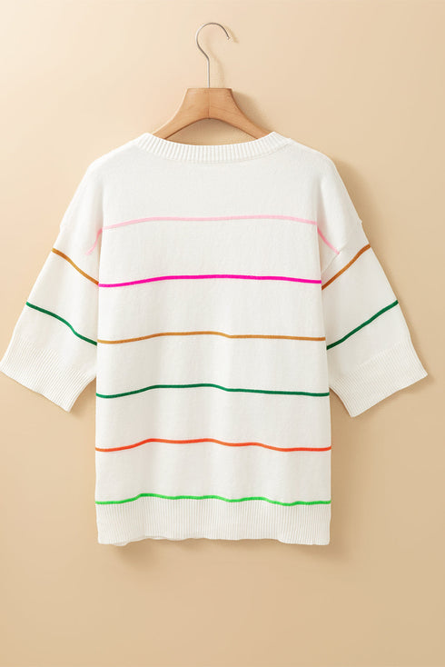 Joyful Stripes Drop Shoulder Knit Short Sleeve Sweater