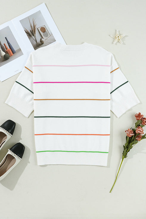 Joyful Stripes Drop Shoulder Knit Short Sleeve Sweater
