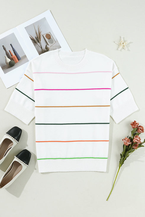 Joyful Stripes Drop Shoulder Knit Short Sleeve Sweater