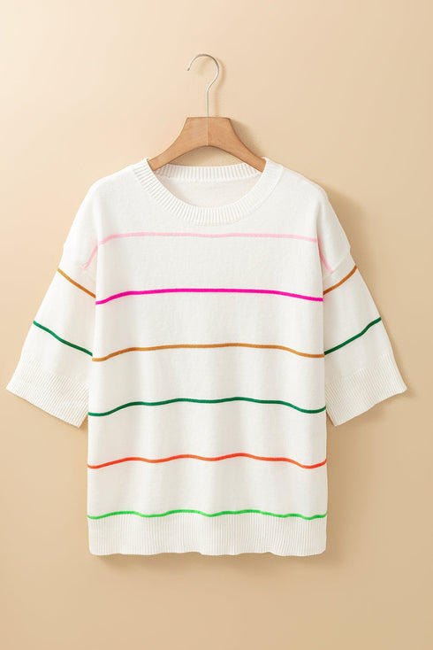 Joyful Stripes Drop Shoulder Knit Short Sleeve Sweater