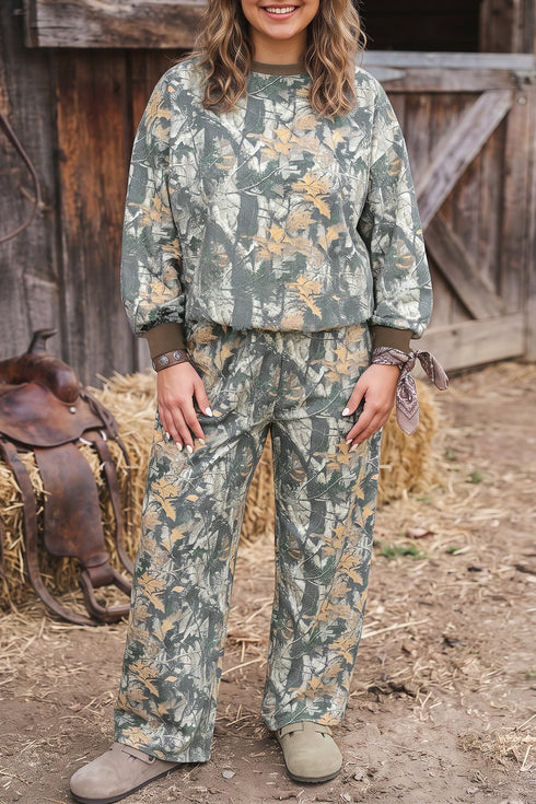 Jungle Camouflage Ribbed Trim Long Sleeve Lounge Set