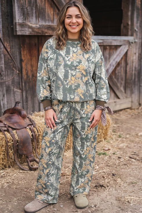 Jungle Camouflage Ribbed Trim Long Sleeve Lounge Set