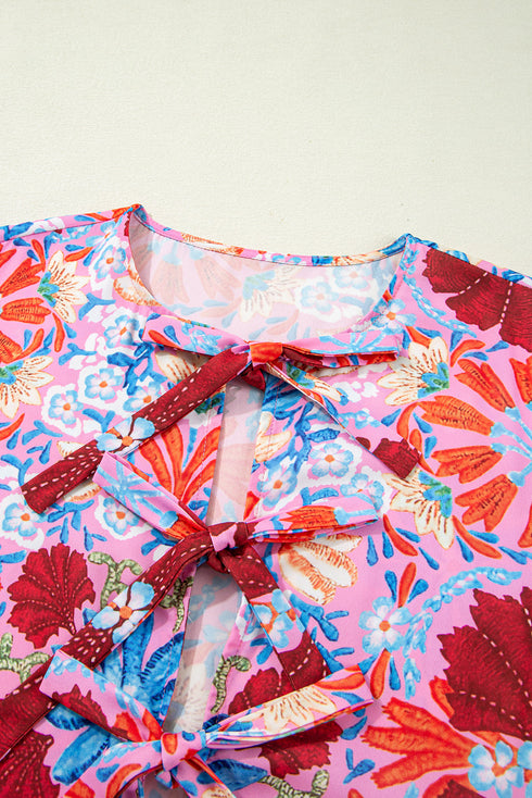 Kaleidoscope Garden Print Tie Front Short Sleeve Flowy A Line Midi Dress