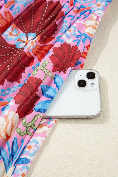 Kaleidoscope Garden Print Tie Front Short Sleeve Flowy A Line Midi Dress