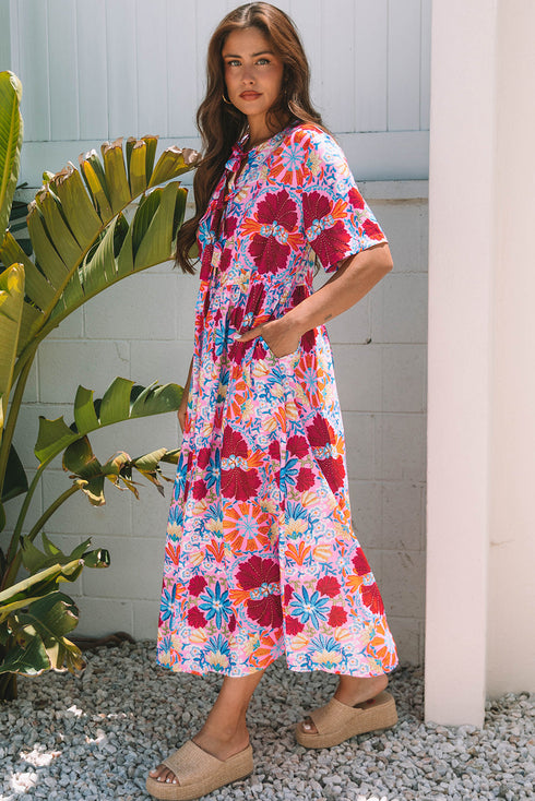 Kaleidoscope Garden Print Tie Front Short Sleeve Flowy A Line Midi Dress
