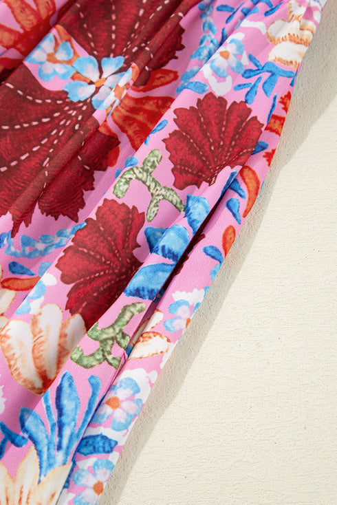 Kaleidoscope Garden Print Tie Front Short Sleeve Flowy A Line Midi Dress