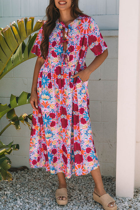 Kaleidoscope Garden Print Tie Front Short Sleeve Flowy A Line Midi Dress