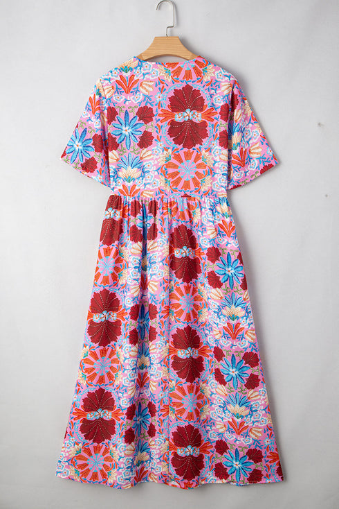 Kaleidoscope Garden Print Tie Front Short Sleeve Flowy A Line Midi Dress