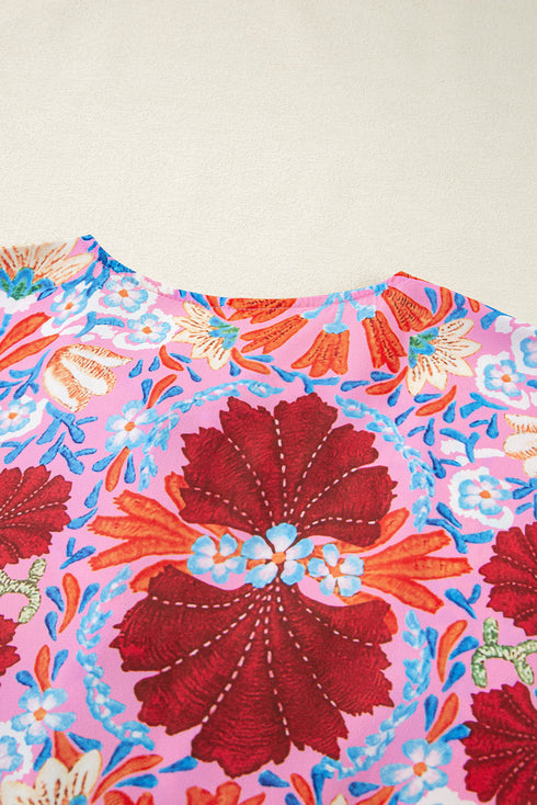 Kaleidoscope Garden Print Tie Front Short Sleeve Flowy A Line Midi Dress