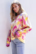 Khaki Abstract Print Colorblock Balloon Sleeve Sweater